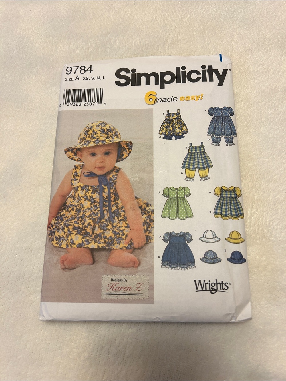 Uncut Simplicity Pattern 9784 Baby Size A Dress, Pinafore, Pantaloons, Hat